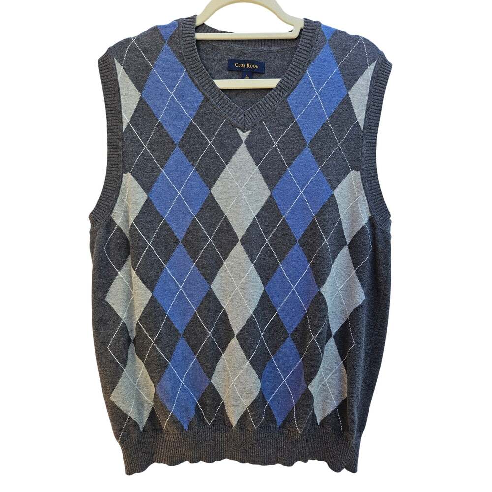 Club Room 100% Cotton Men's Argyle Vest Gray Blue Size LG Machine Wash B-41